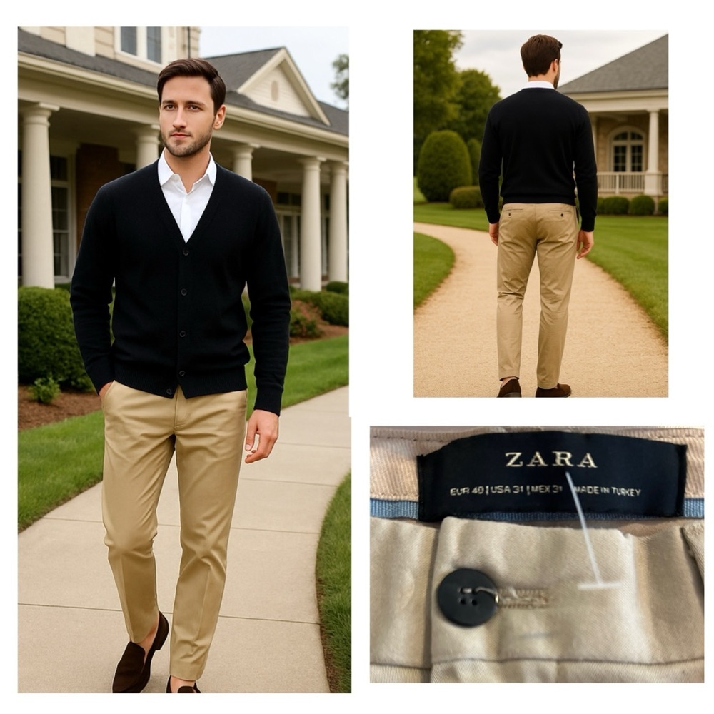ZARA NEW Basic Collection Khaki Chino Stretch Cotton Blend Pants‎ Sz 31 Preppy